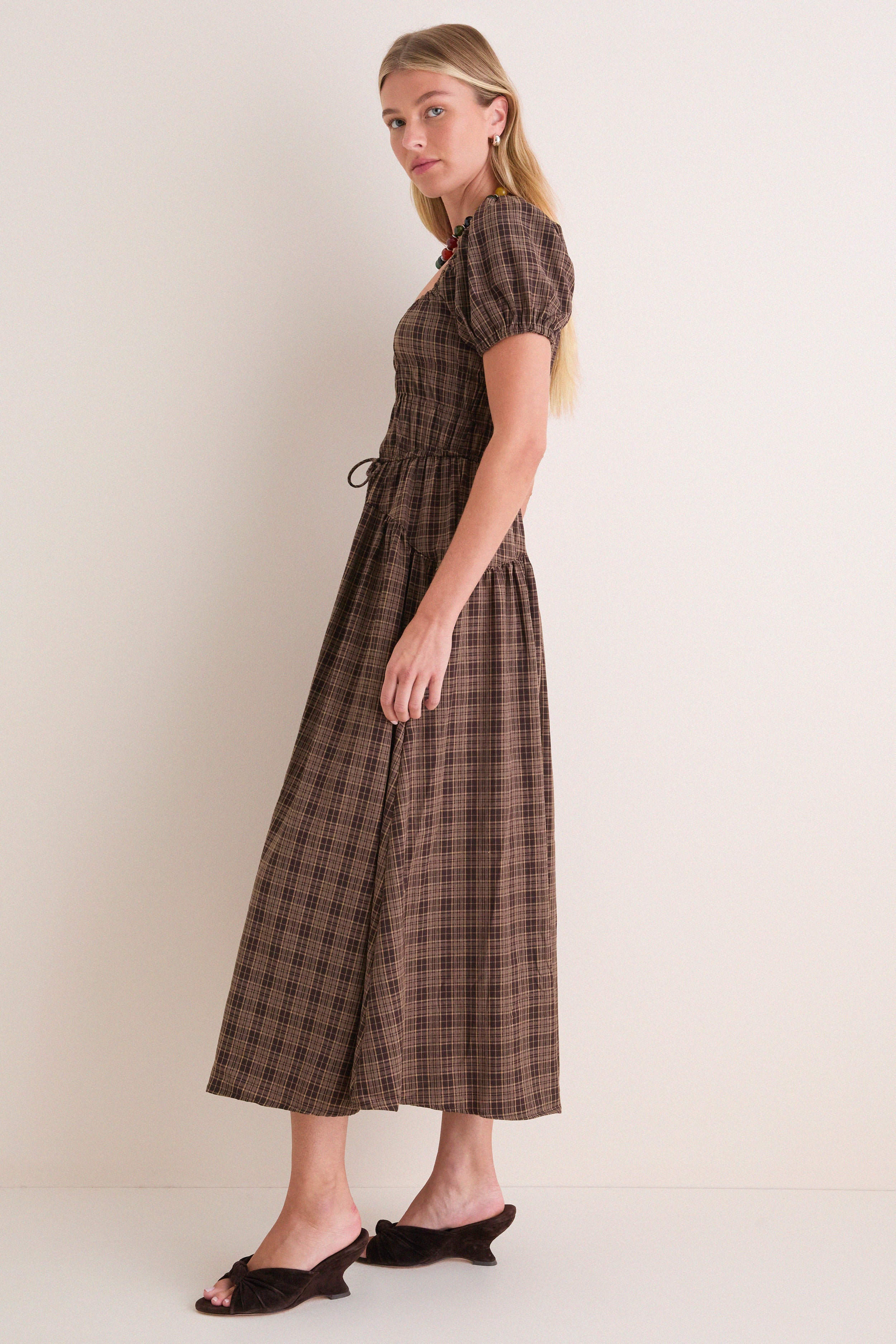 Mocha Multi Sweetheart Neck Puff Sleeve Midi Dress
