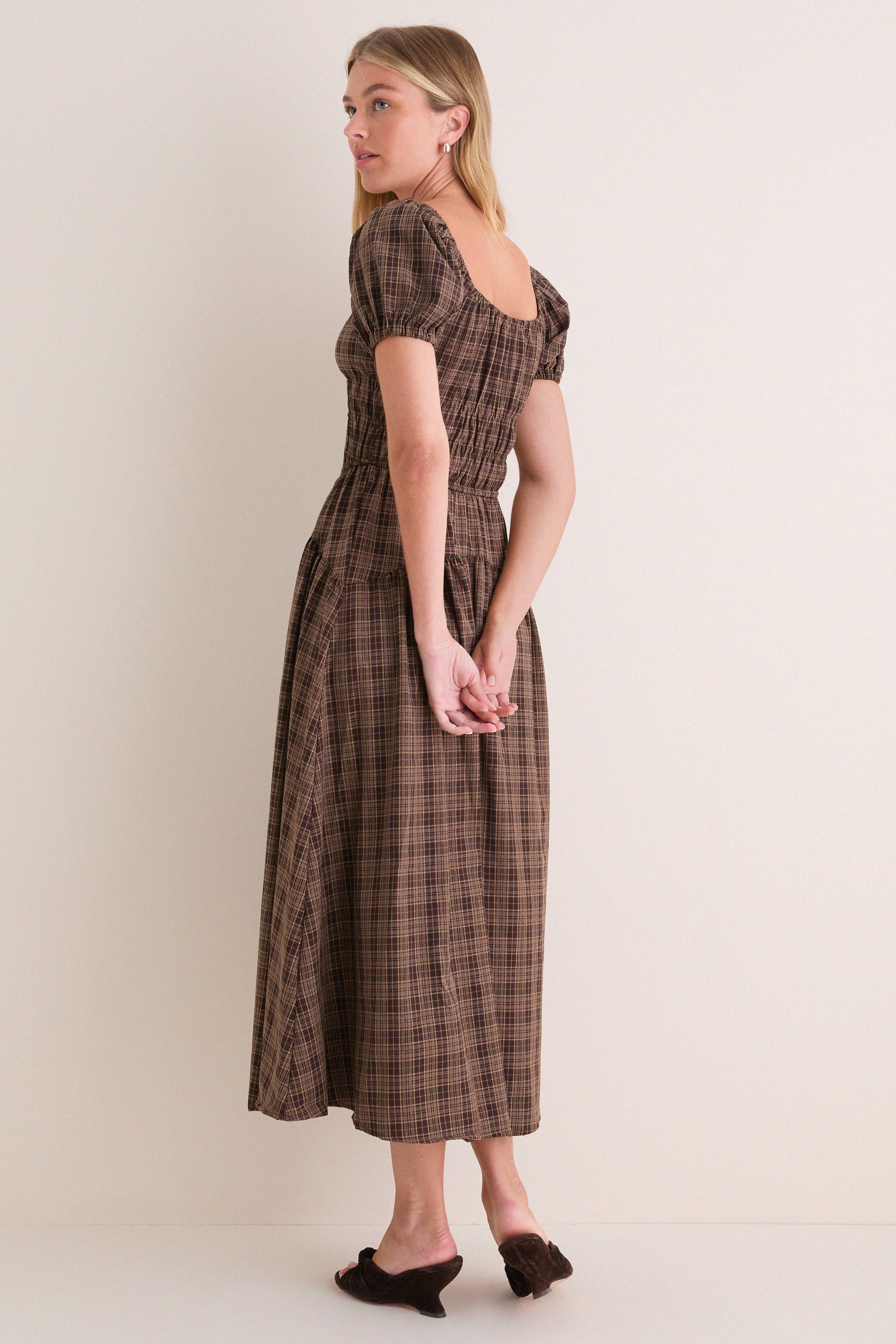 Mocha Multi Sweetheart Neck Puff Sleeve Midi Dress