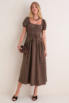 Mocha Multi Sweetheart Neck Puff Sleeve Midi Dress