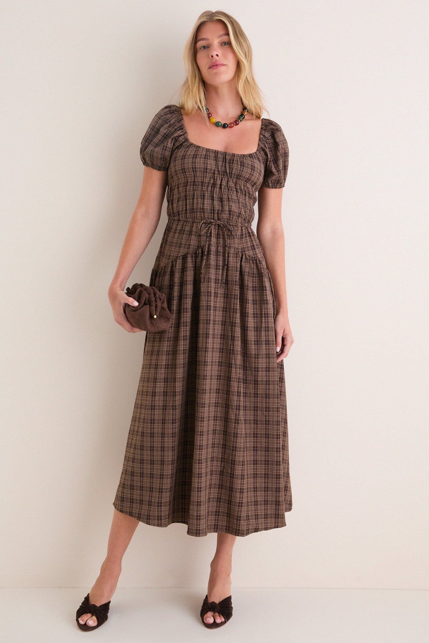 Mocha Multi Sweetheart Neck Puff Sleeve Midi Dress