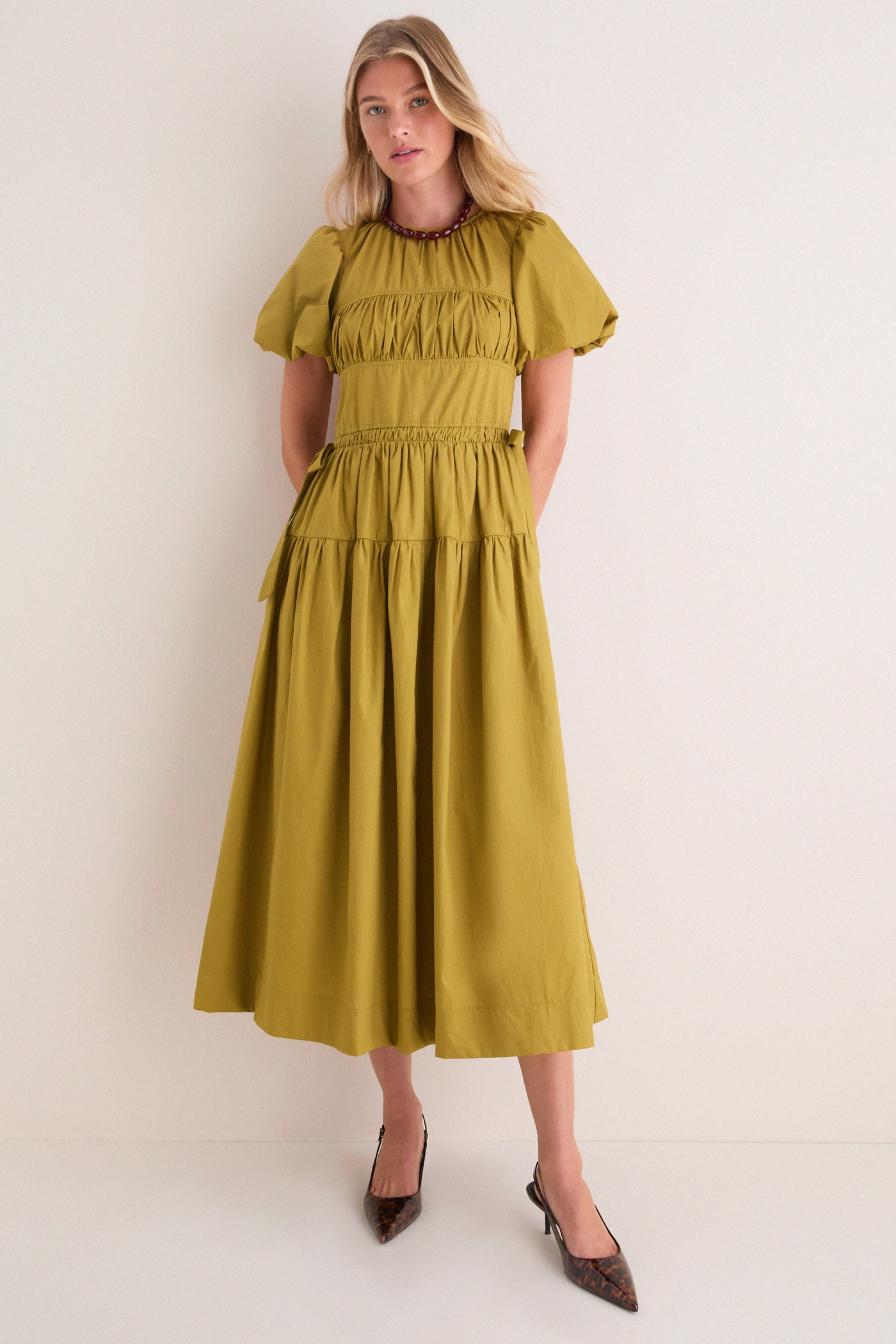 Citron Round Neck Puff Sleeve Midi Dress