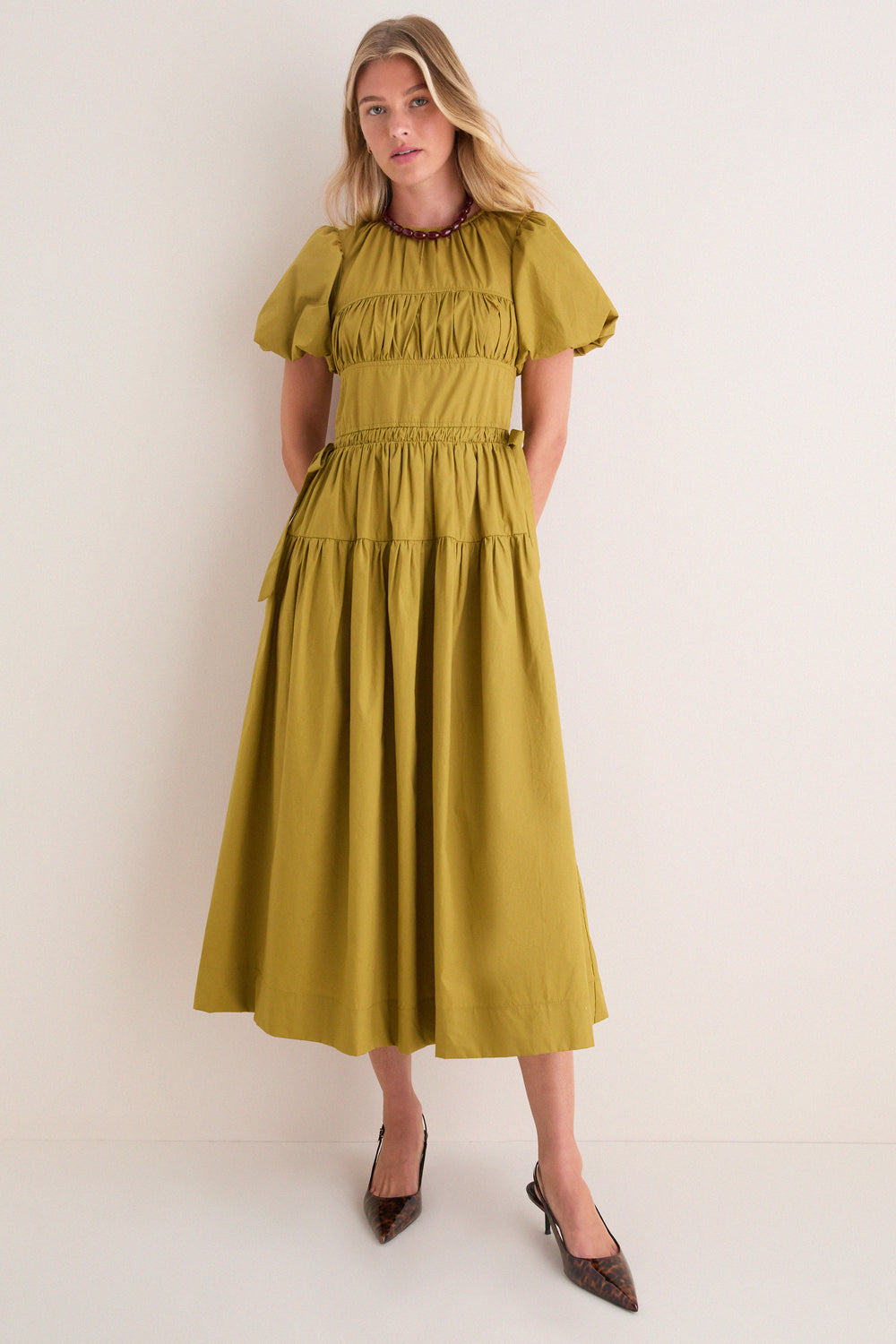 Citron Round Neck Puff Sleeve Midi Dress