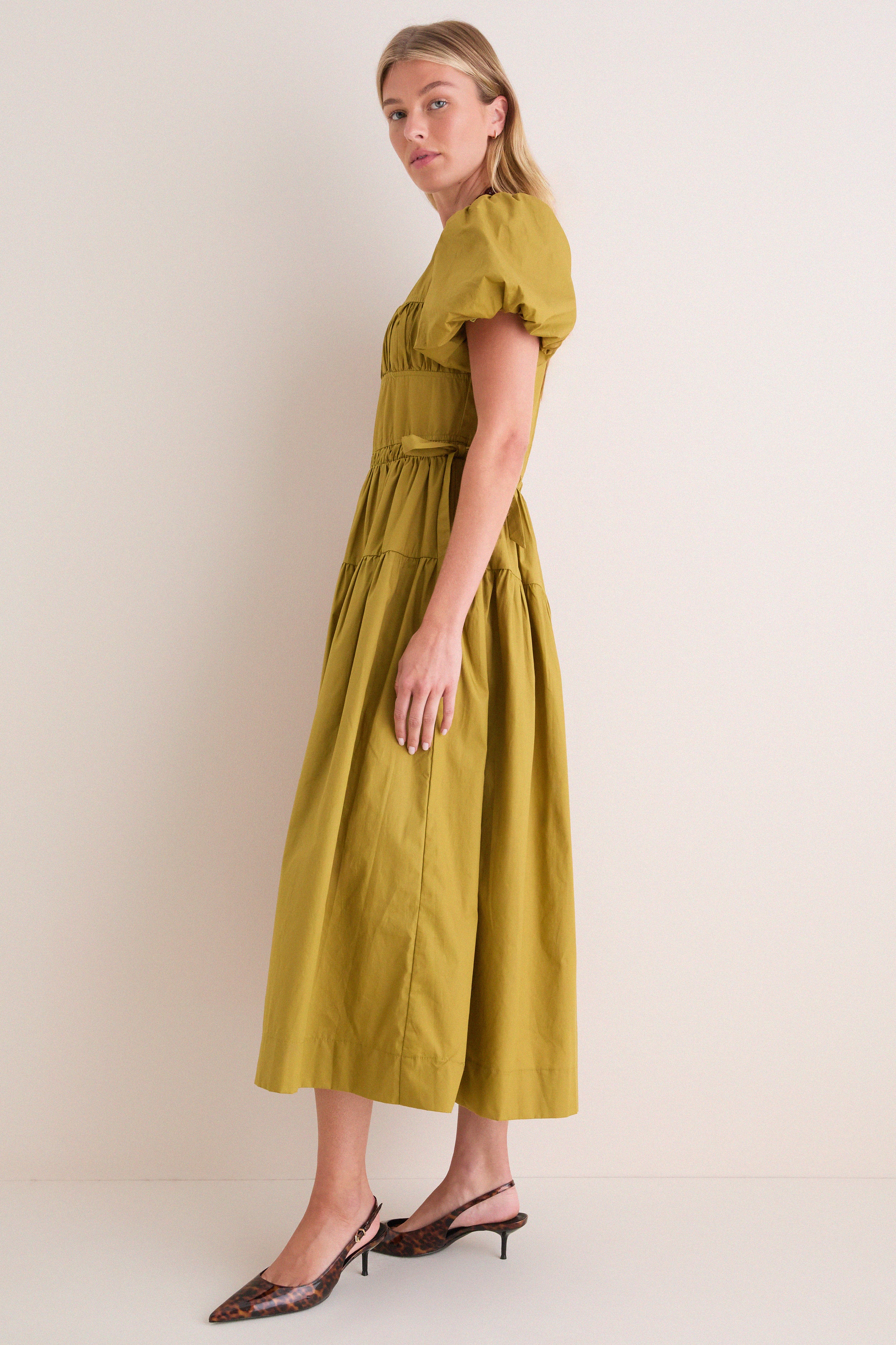 Citron Round Neck Puff Sleeve Midi Dress