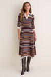 Multicolor Stripe Collared Long Sleeve Midi Dress
