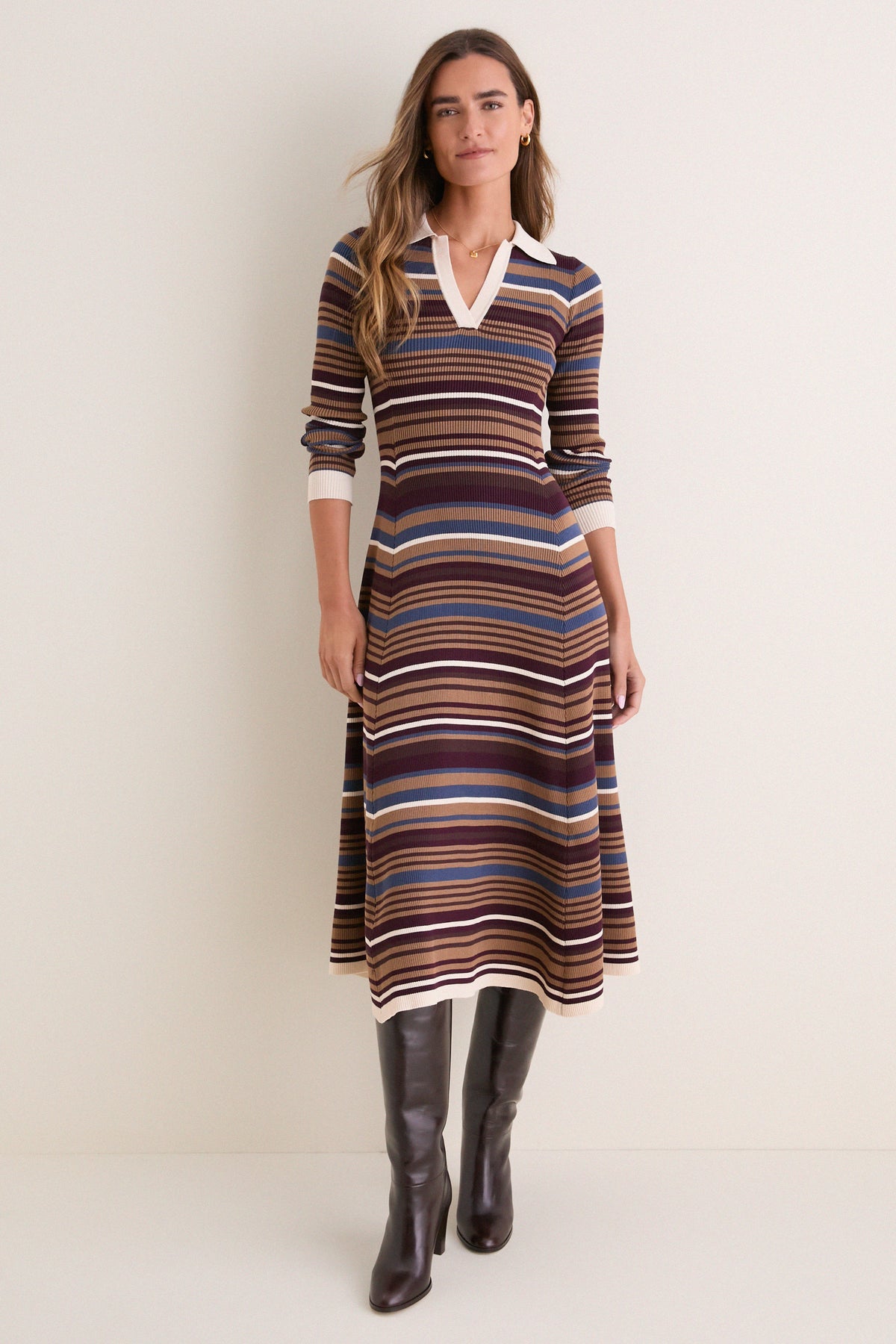 Multicolor Stripe Collared Long Sleeve Midi Dress