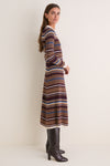 Multicolor Stripe Collared Long Sleeve Midi Dress