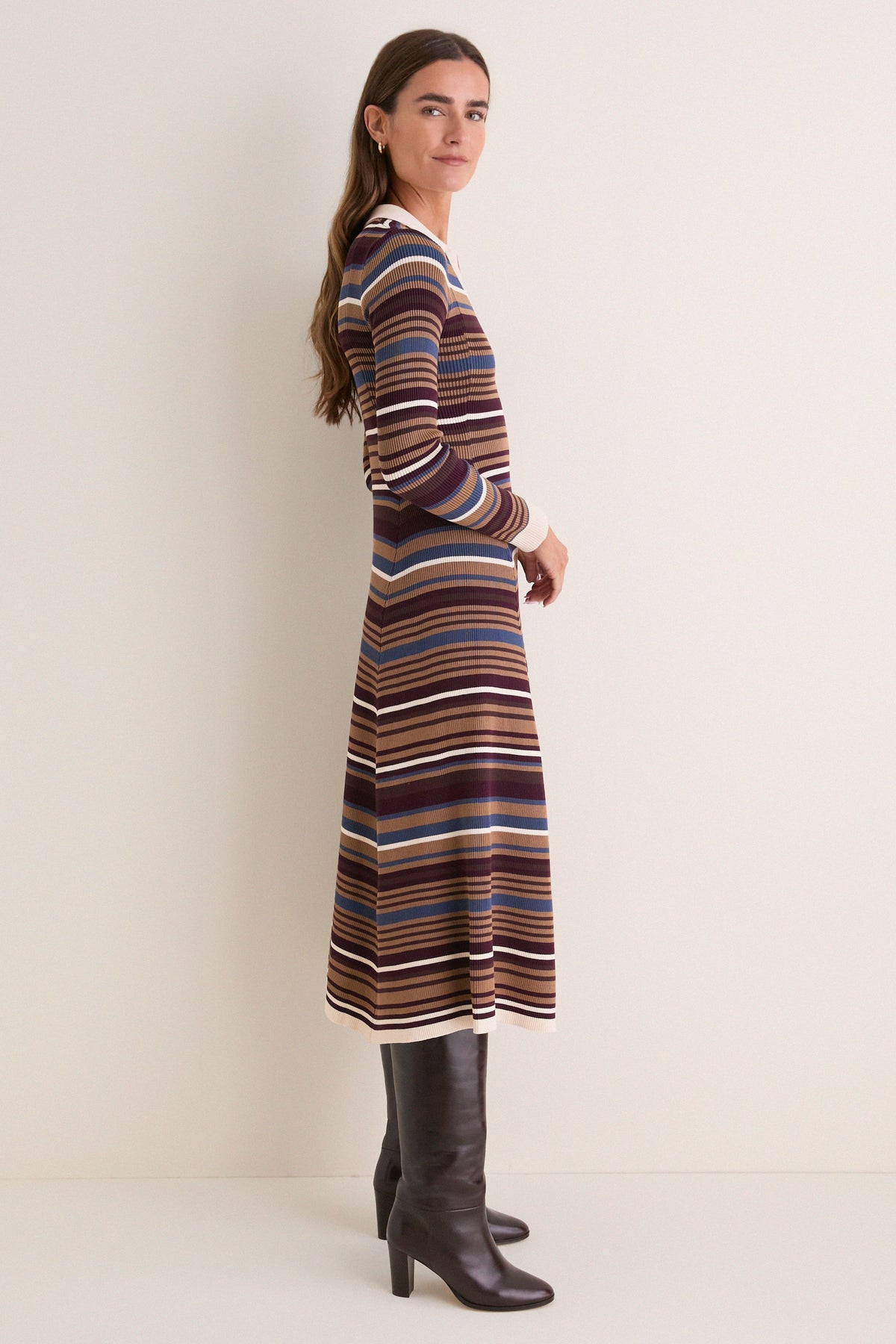 Multicolor Stripe Collared Long Sleeve Midi Dress