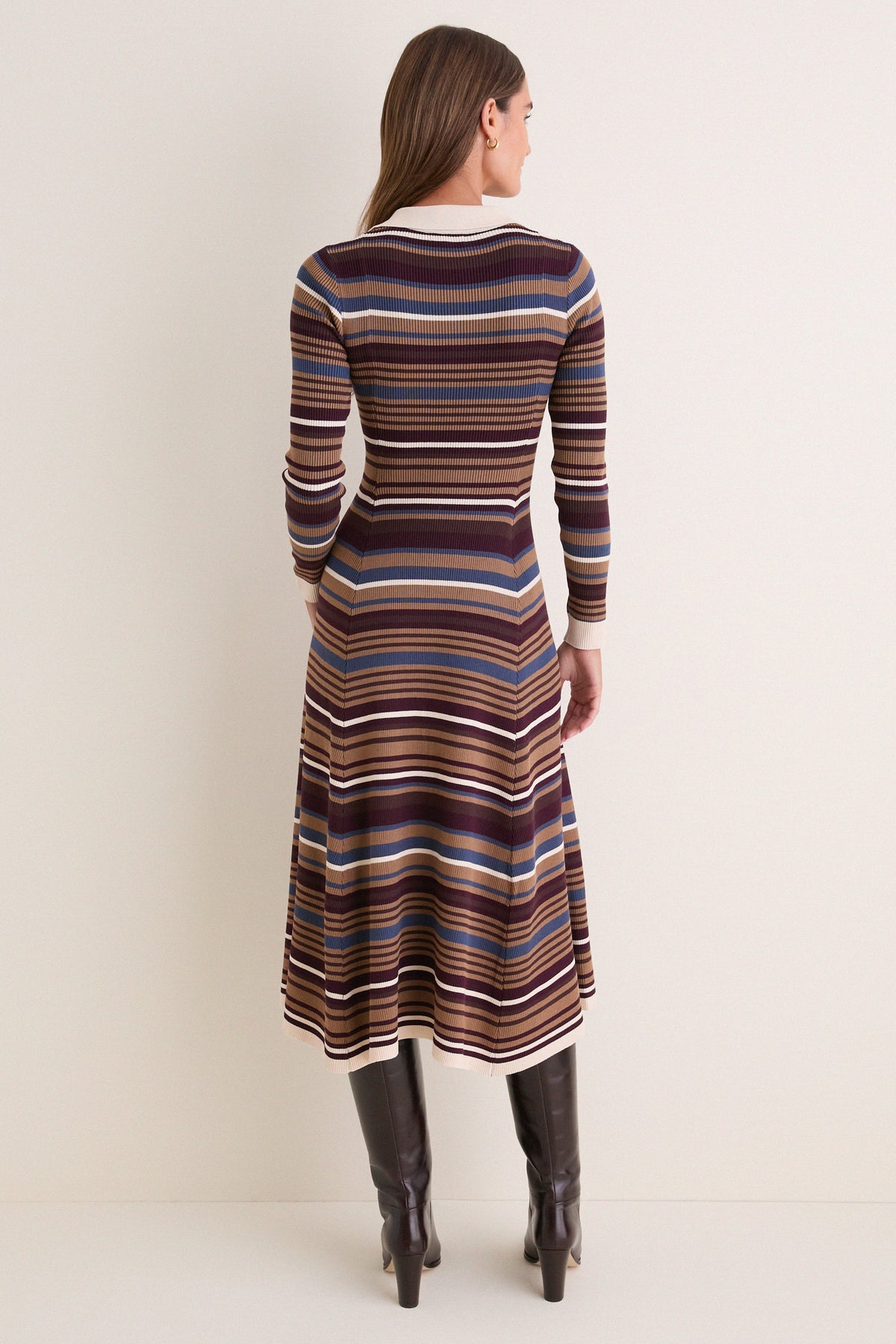 Multicolor Stripe Collared Long Sleeve Midi Dress