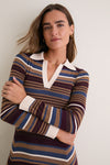 Multicolor Stripe Collared Long Sleeve Midi Dress