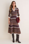 Multicolor Stripe Collared Long Sleeve Midi Dress