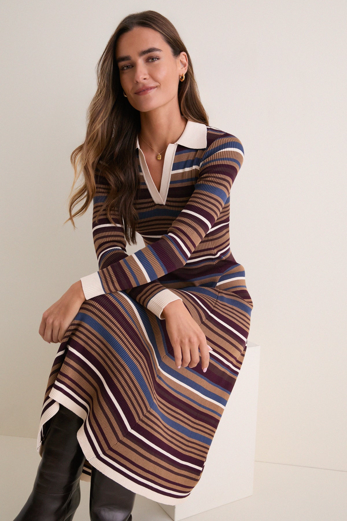 Multicolor Stripe Collared Long Sleeve Midi Dress