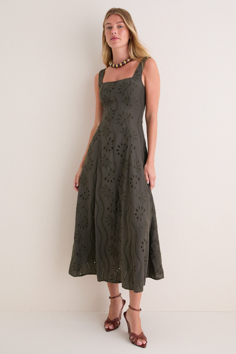 Dark Olive Embroidered Eyelet Square Neck Midi Dress