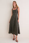 Dark Olive Embroidered Eyelet Square Neck Midi Dress