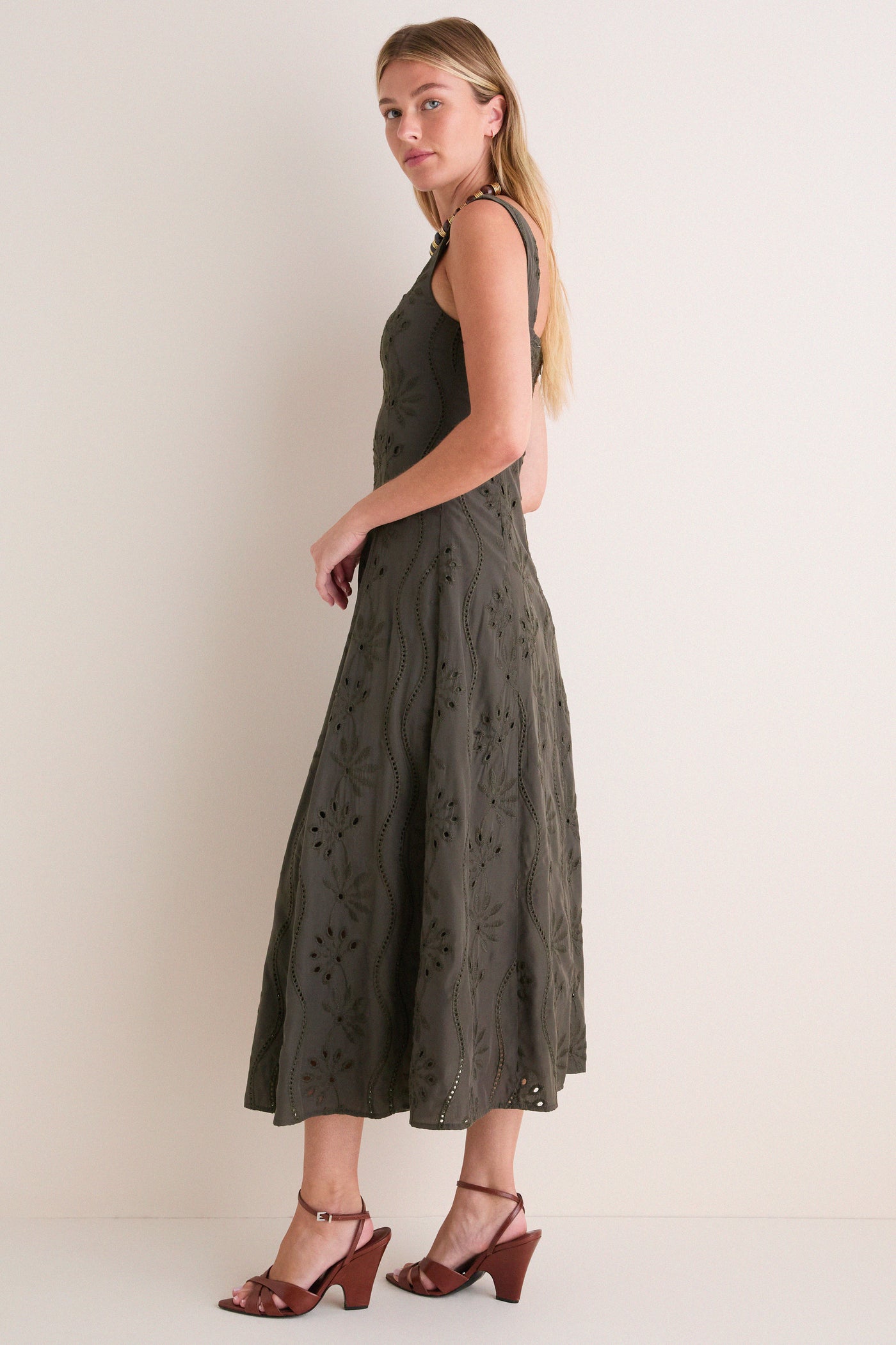 Dark Olive Embroidered Eyelet Square Neck Midi Dress