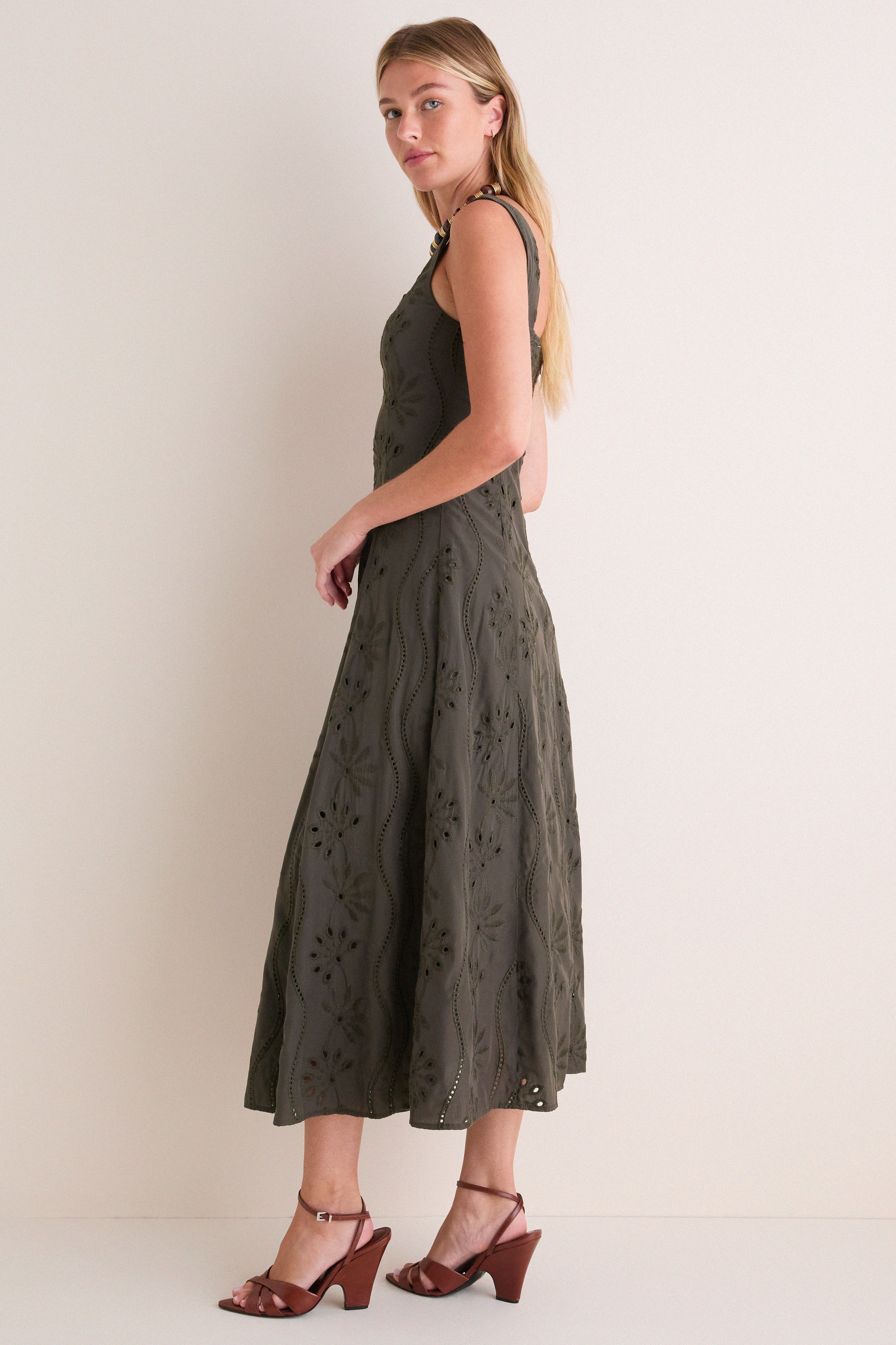 Dark Olive Embroidered Eyelet Square Neck Midi Dress