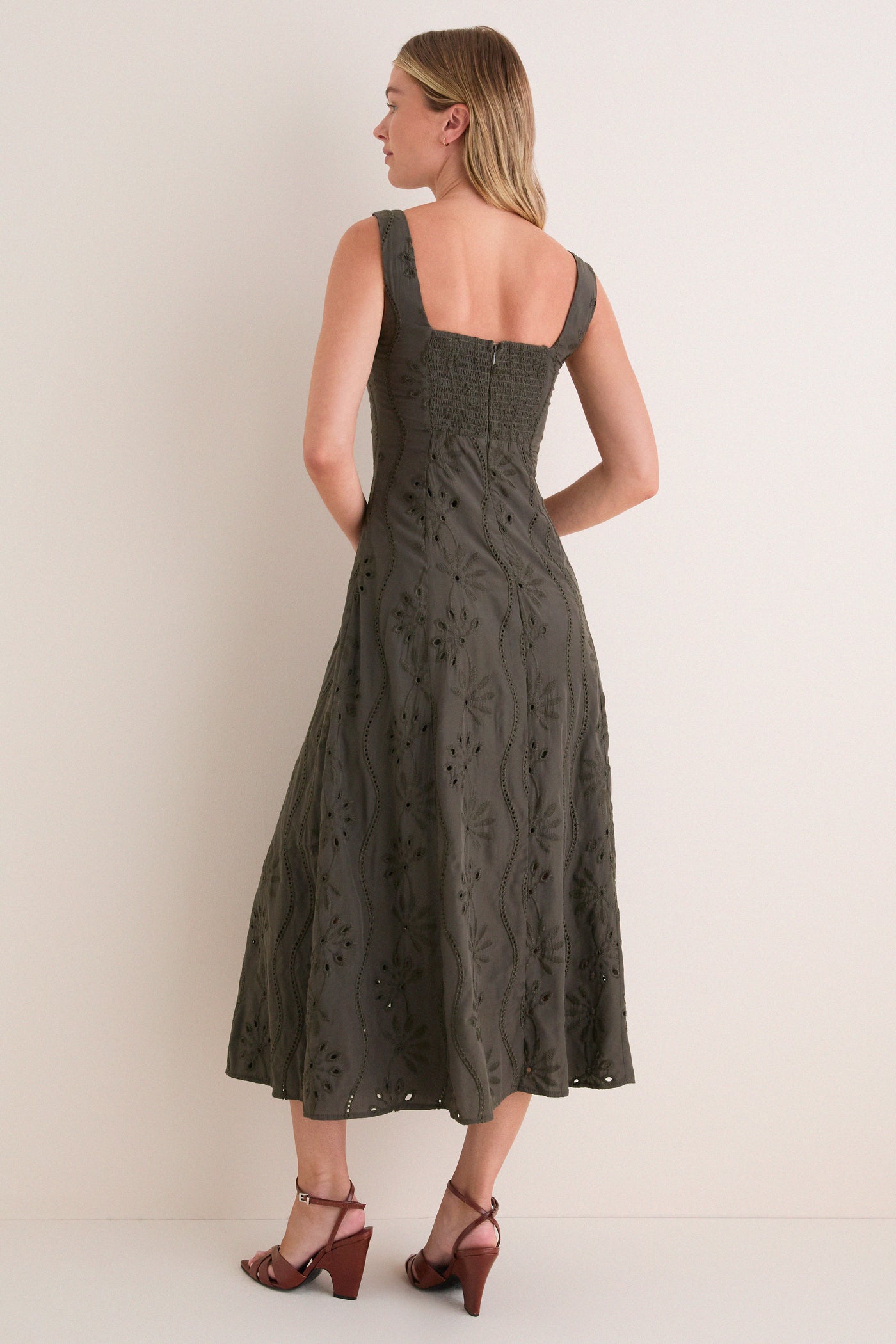 Dark Olive Embroidered Eyelet Square Neck Midi Dress