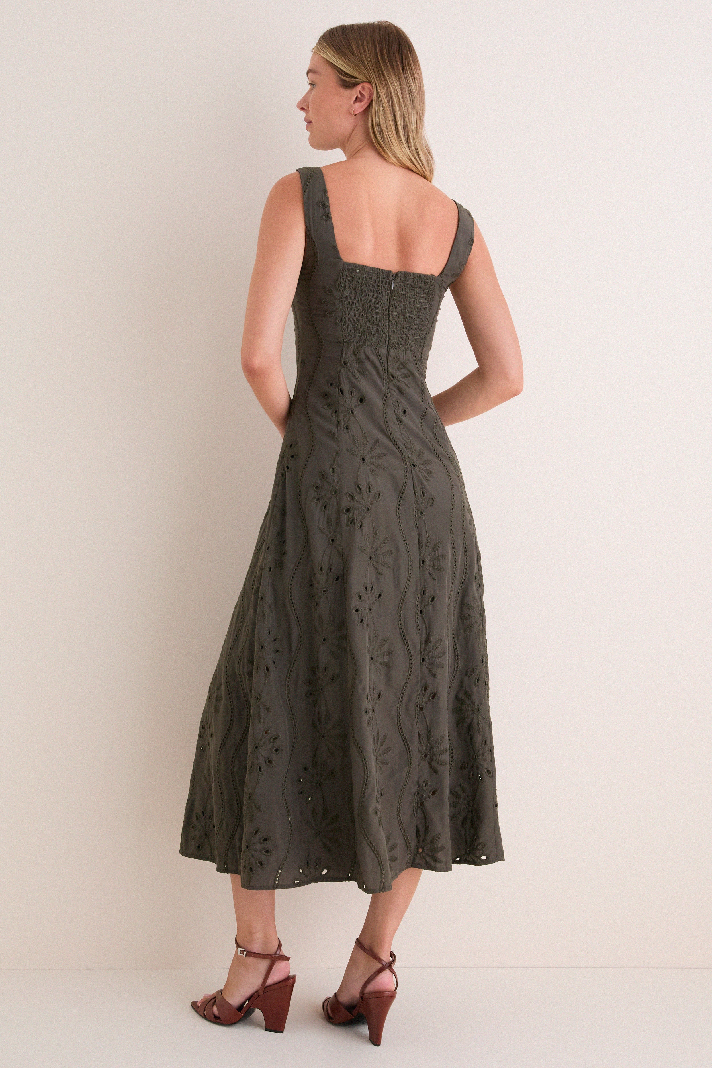 Dark Olive Embroidered Eyelet Square Neck Midi Dress