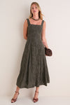 Dark Olive Embroidered Eyelet Square Neck Midi Dress