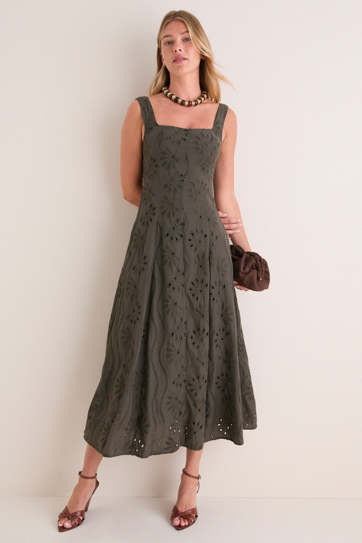 Dark Olive Embroidered Eyelet Square Neck Midi Dress