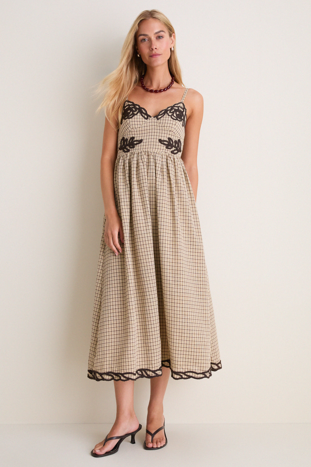 Brown Multi Embroidered Plaid Midi Dress Moon River Brown Multi / L