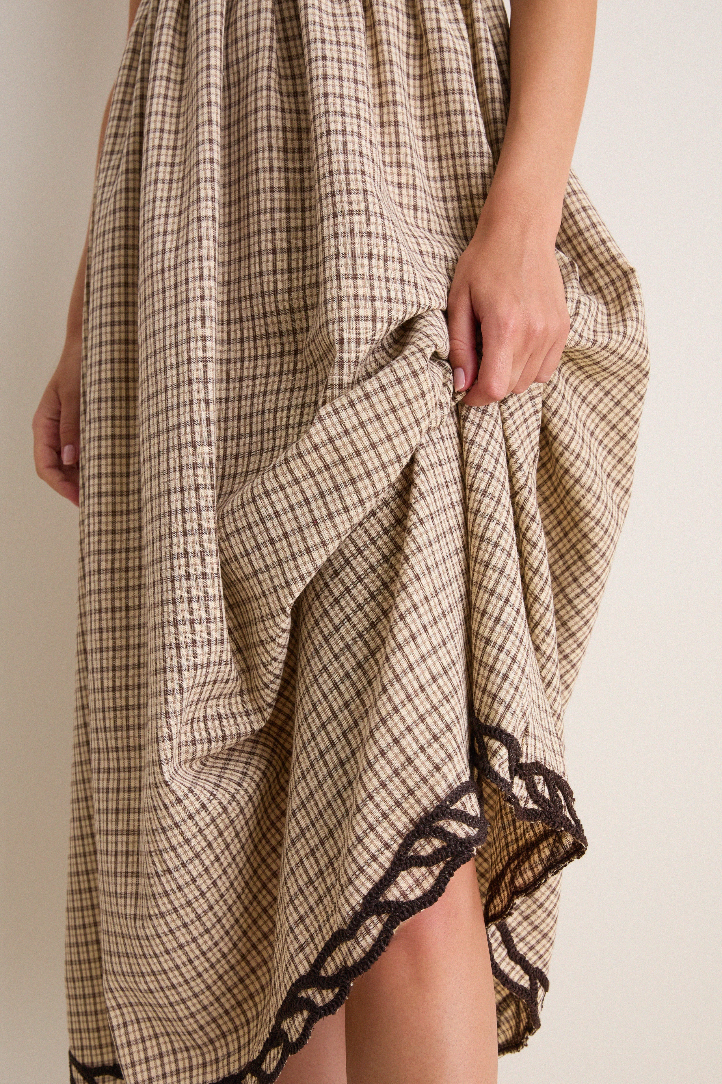 Brown Multi Embroidered Plaid Midi Dress | Moon River