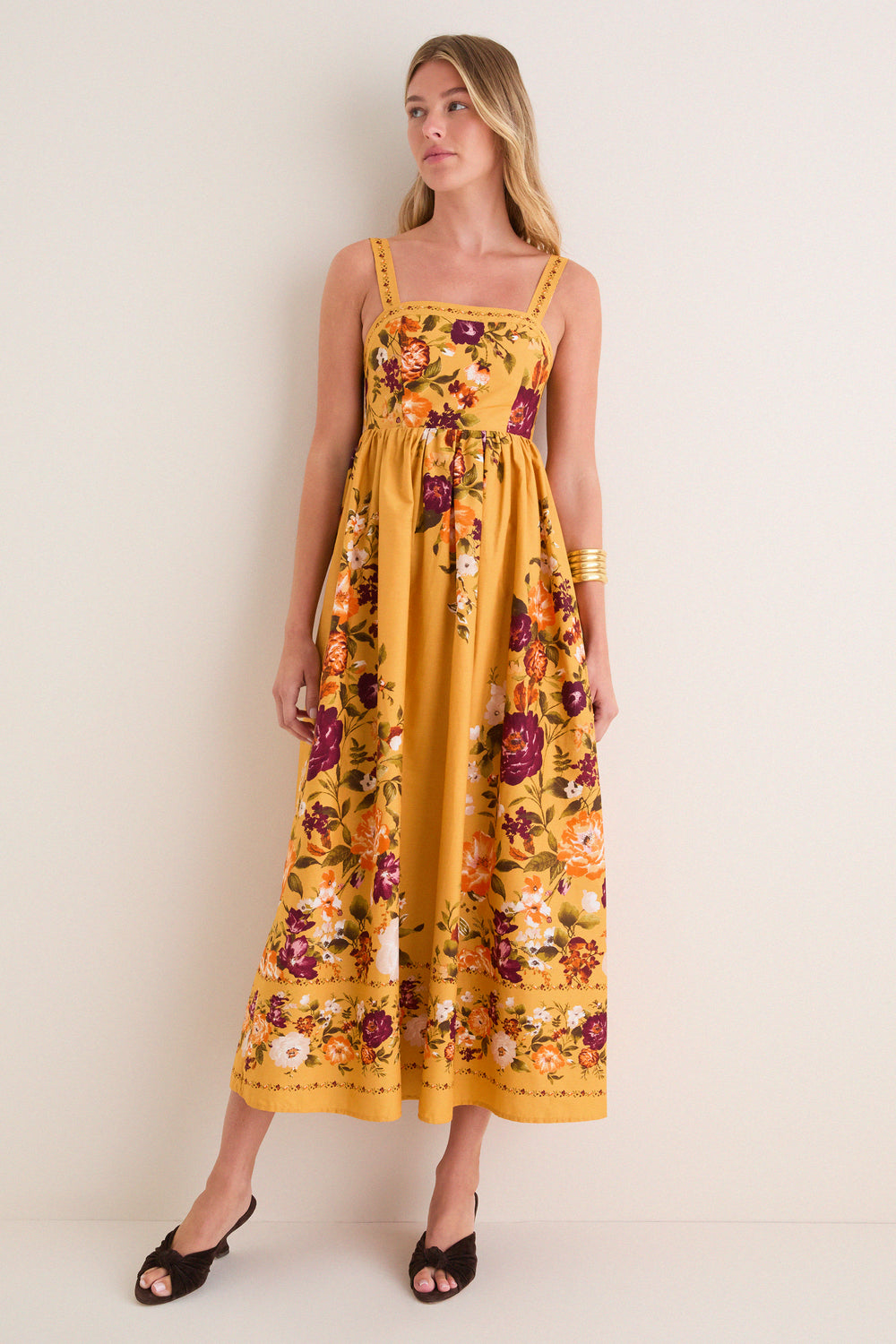 Mustard Multi Square Neck Sleeveless Midi Dress