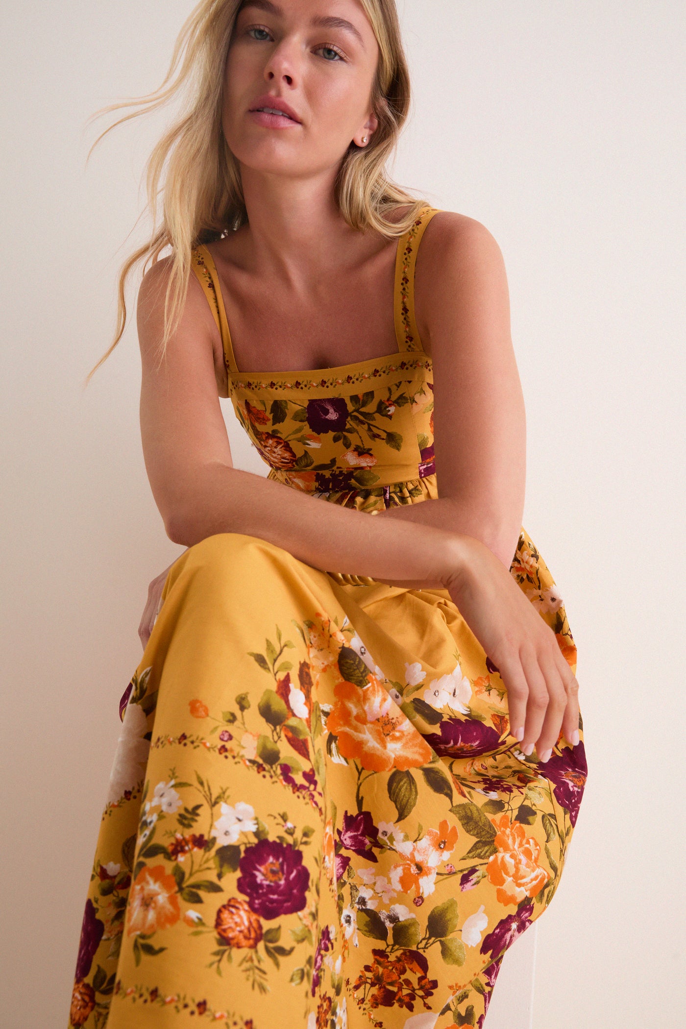 Mustard Multi Square Neck Sleeveless Midi Dress