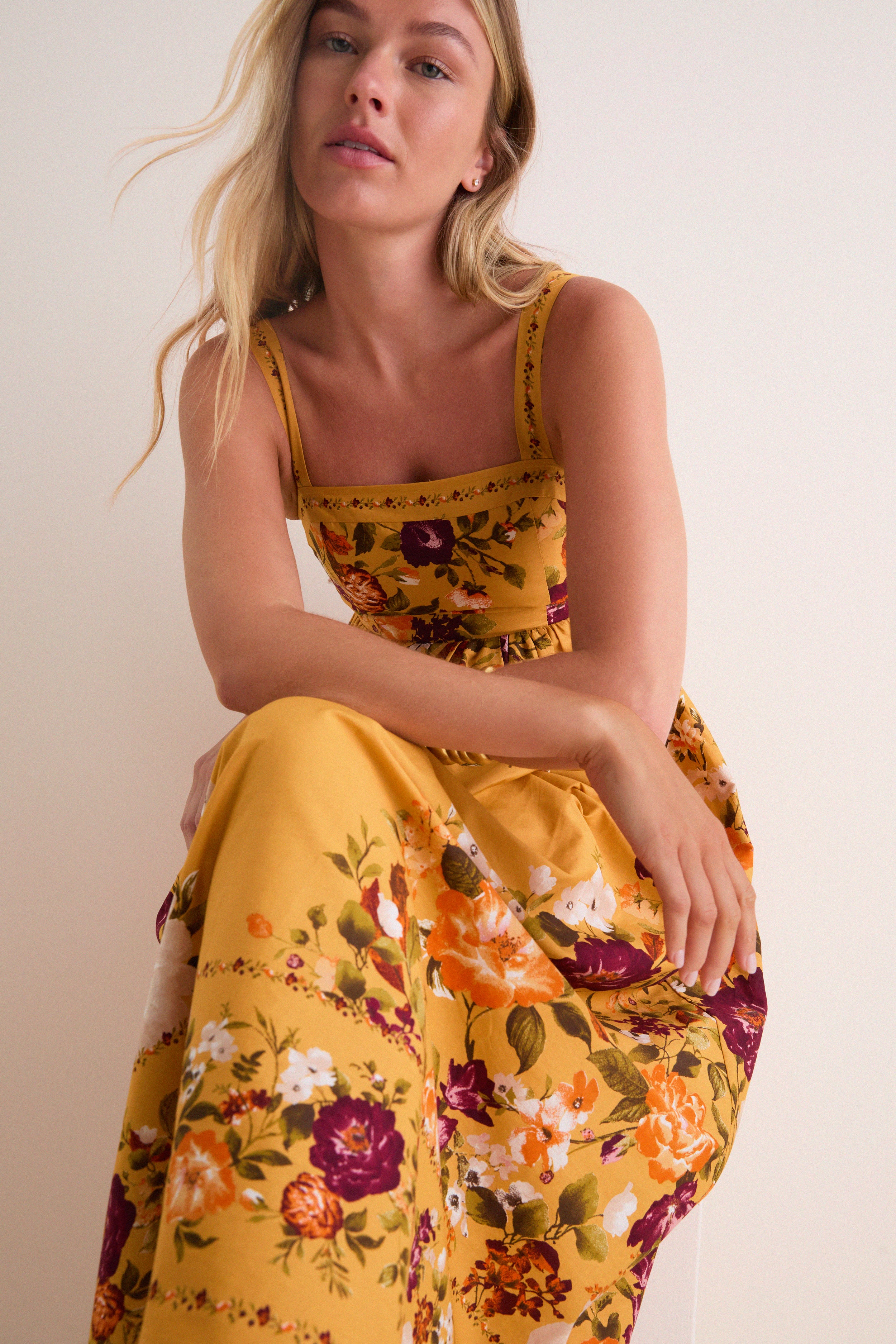 Mustard Multi Square Neck Sleeveless Midi Dress
