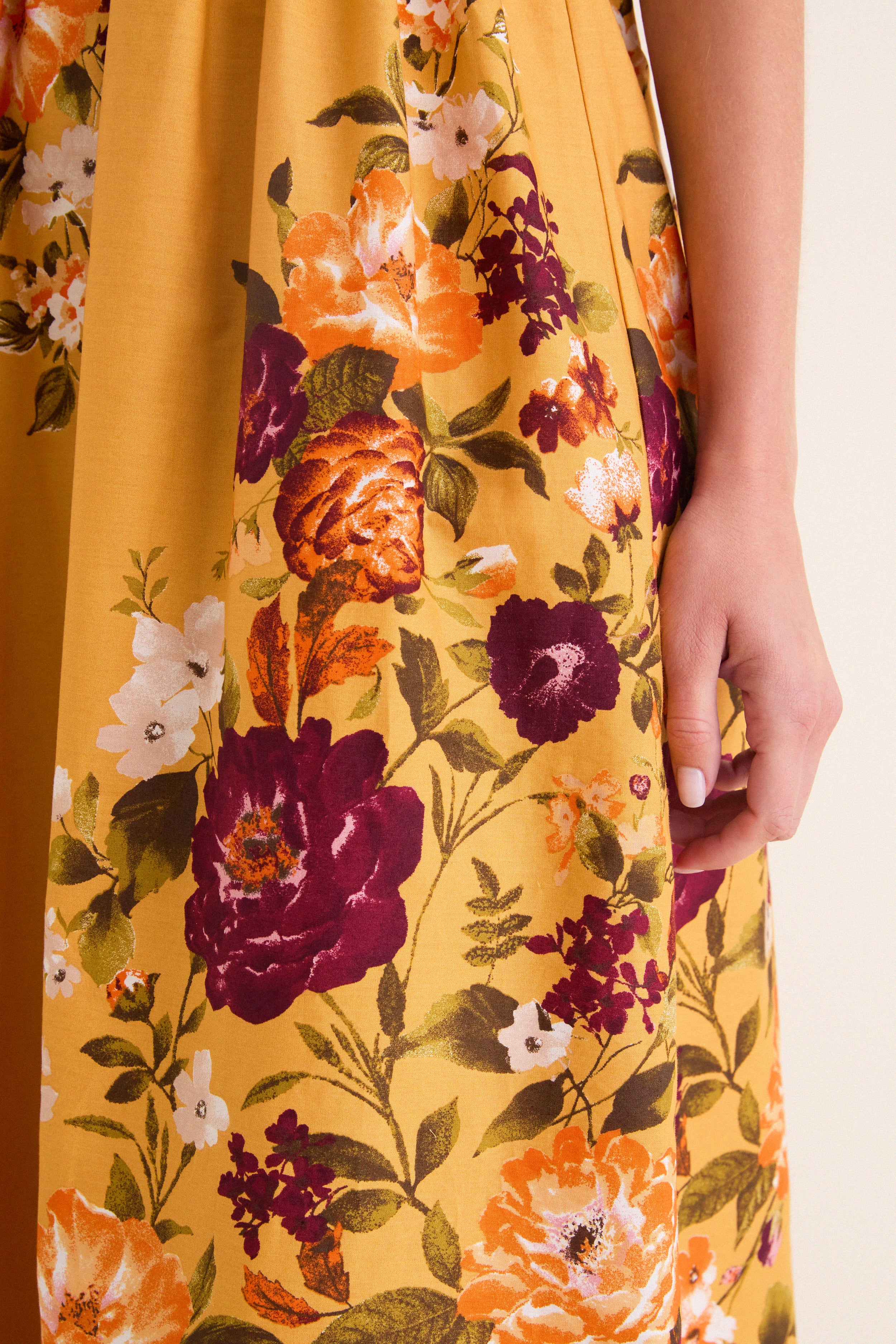 Mustard Multi Square Neck Sleeveless Midi Dress