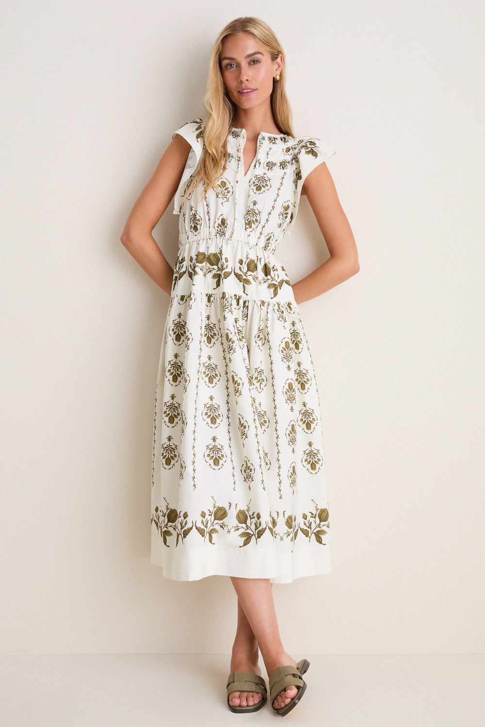 Moon River Beige Multi Short Ruffle Sleeve Midi Dress Beige Multi / S