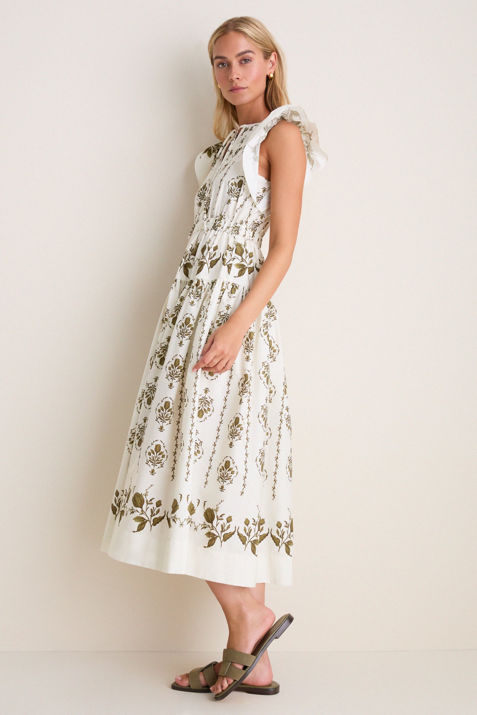 Beige Multi Short Ruffle Sleeve Midi Dress