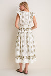 Beige Multi Short Ruffle Sleeve Midi Dress
