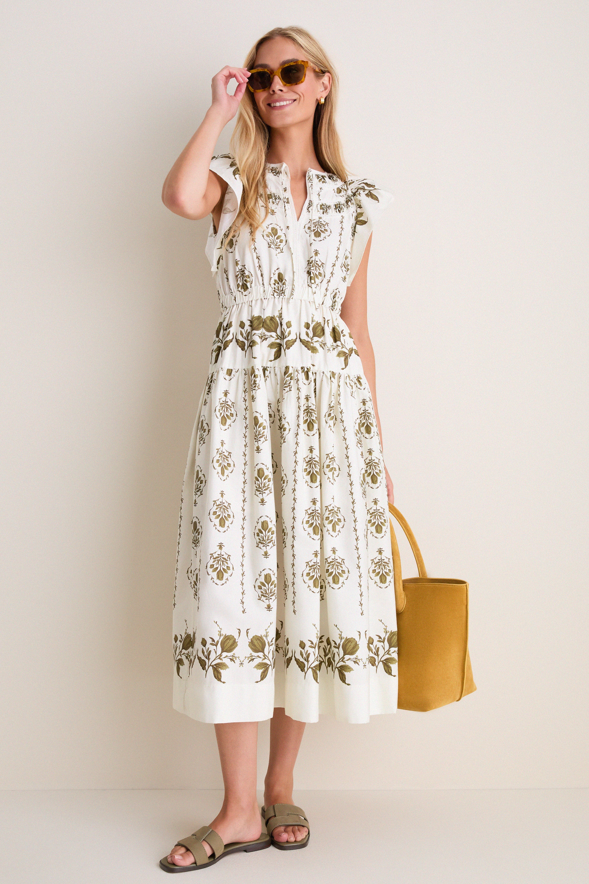 Beige Multi Short Ruffle Sleeve Midi Dress