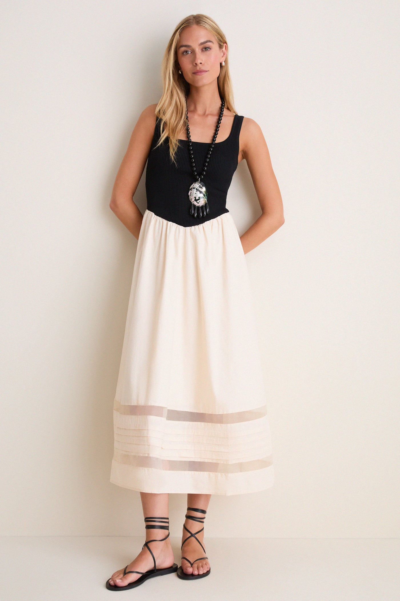 Black Multi Sheer Insert Cotton Knit Twofer Midi Dress