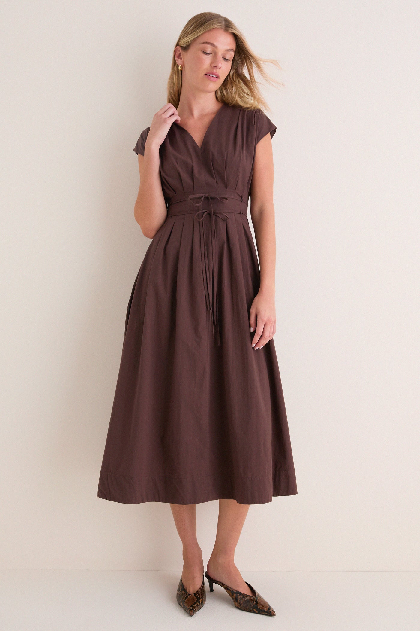Dark Brown Pleated V Neck Midi Dress