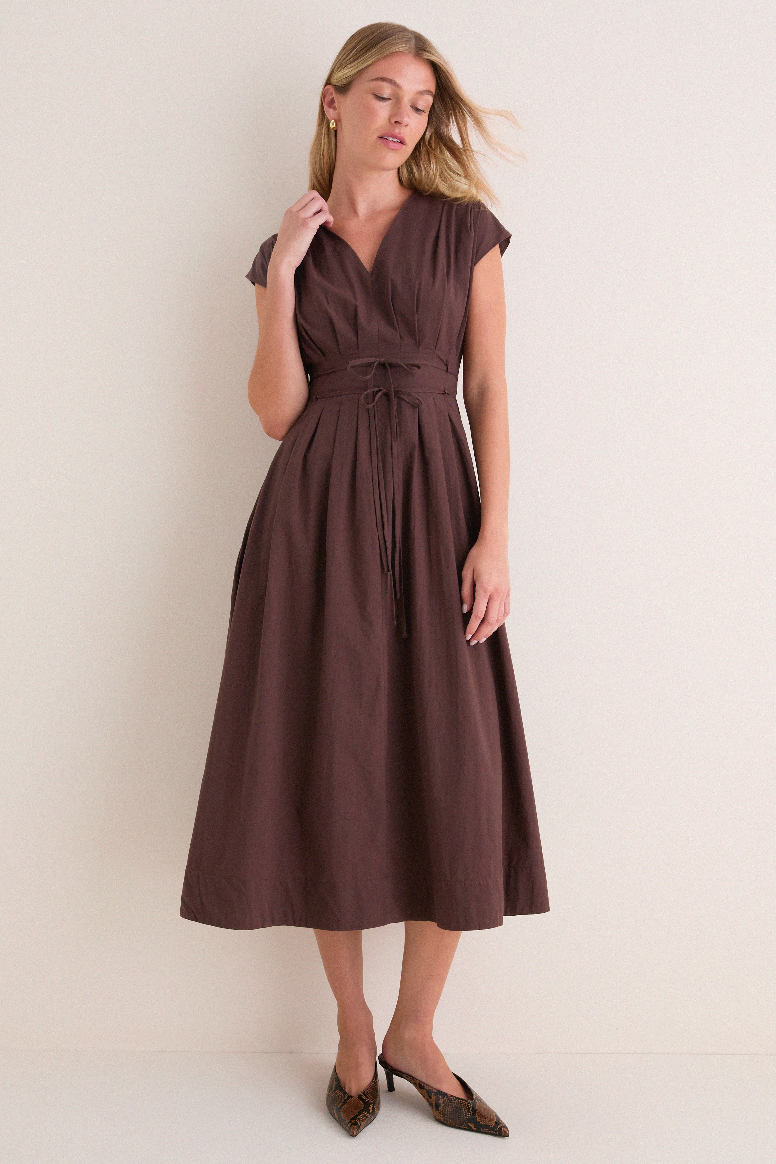 Dark Brown Pleated V Neck Midi Dress
