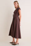 Dark Brown Pleated V Neck Midi Dress