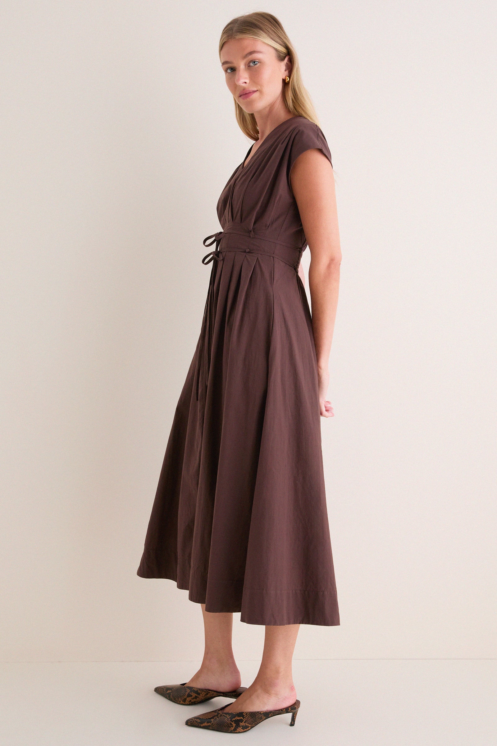 Dark Brown Pleated V Neck Midi Dress