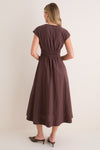 Dark Brown Pleated V Neck Midi Dress