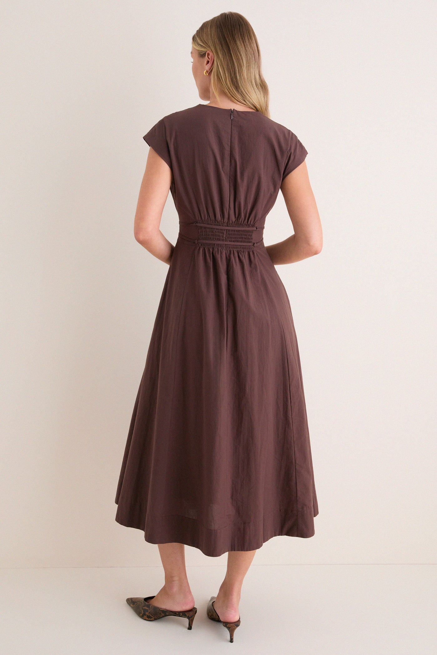 Dark Brown Pleated V Neck Midi Dress