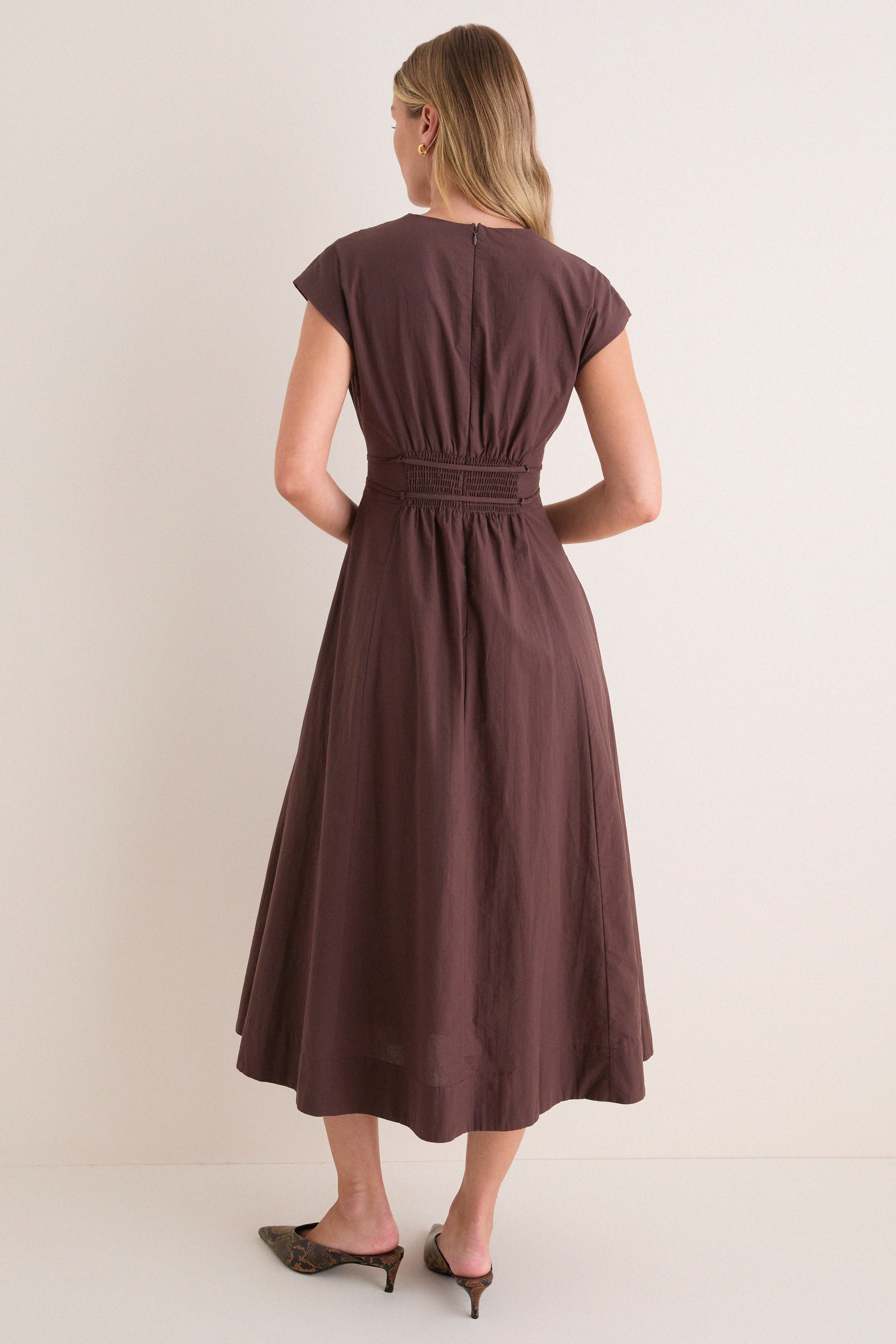 Dark Brown Pleated V Neck Midi Dress