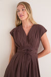 Dark Brown Pleated V Neck Midi Dress