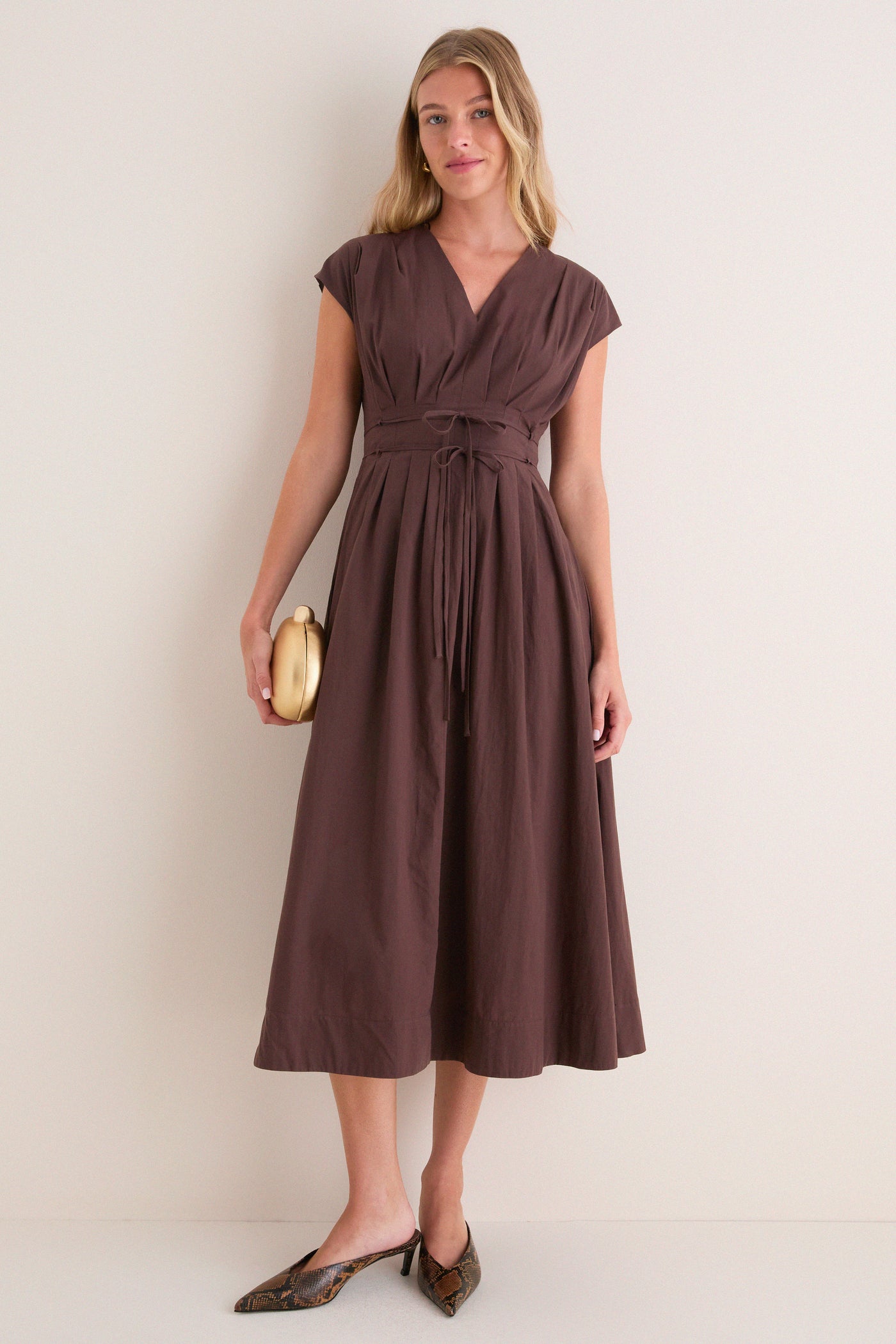 Dark Brown Pleated V Neck Midi Dress