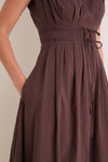 Dark Brown Pleated V Neck Midi Dress