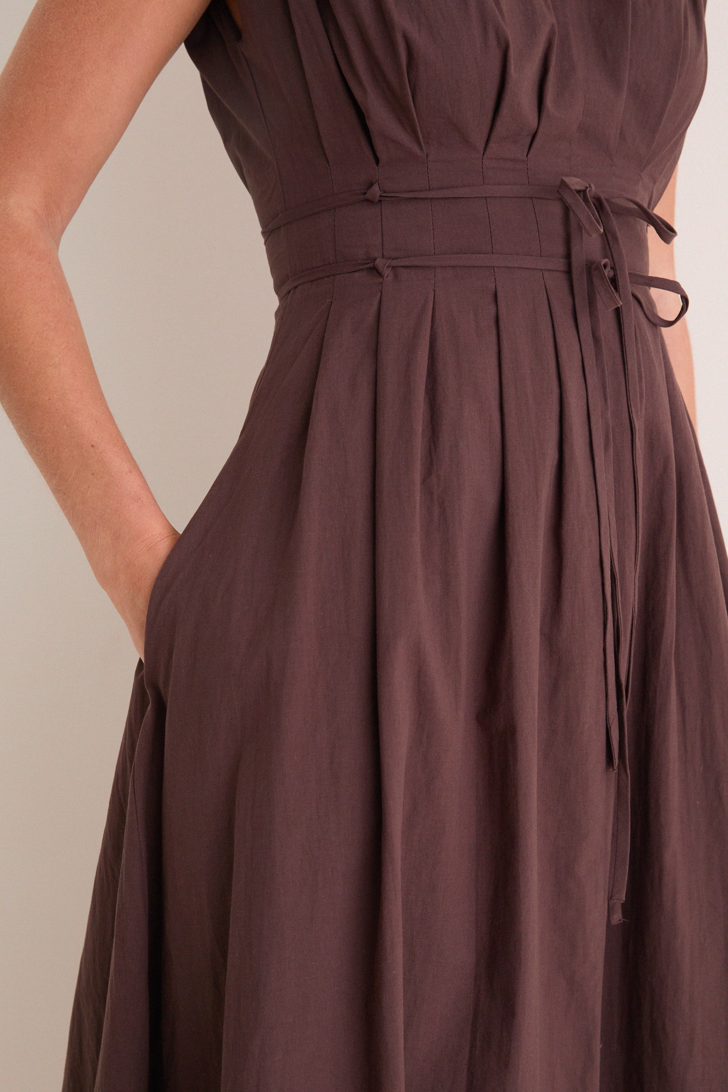 Dark Brown Pleated V Neck Midi Dress