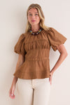 Camel Puff Sleeve Peplum Top