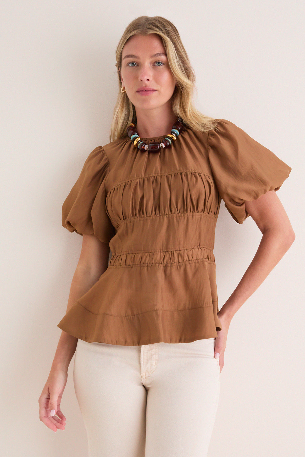 Camel Puff Sleeve Peplum Top