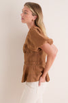 Camel Puff Sleeve Peplum Top