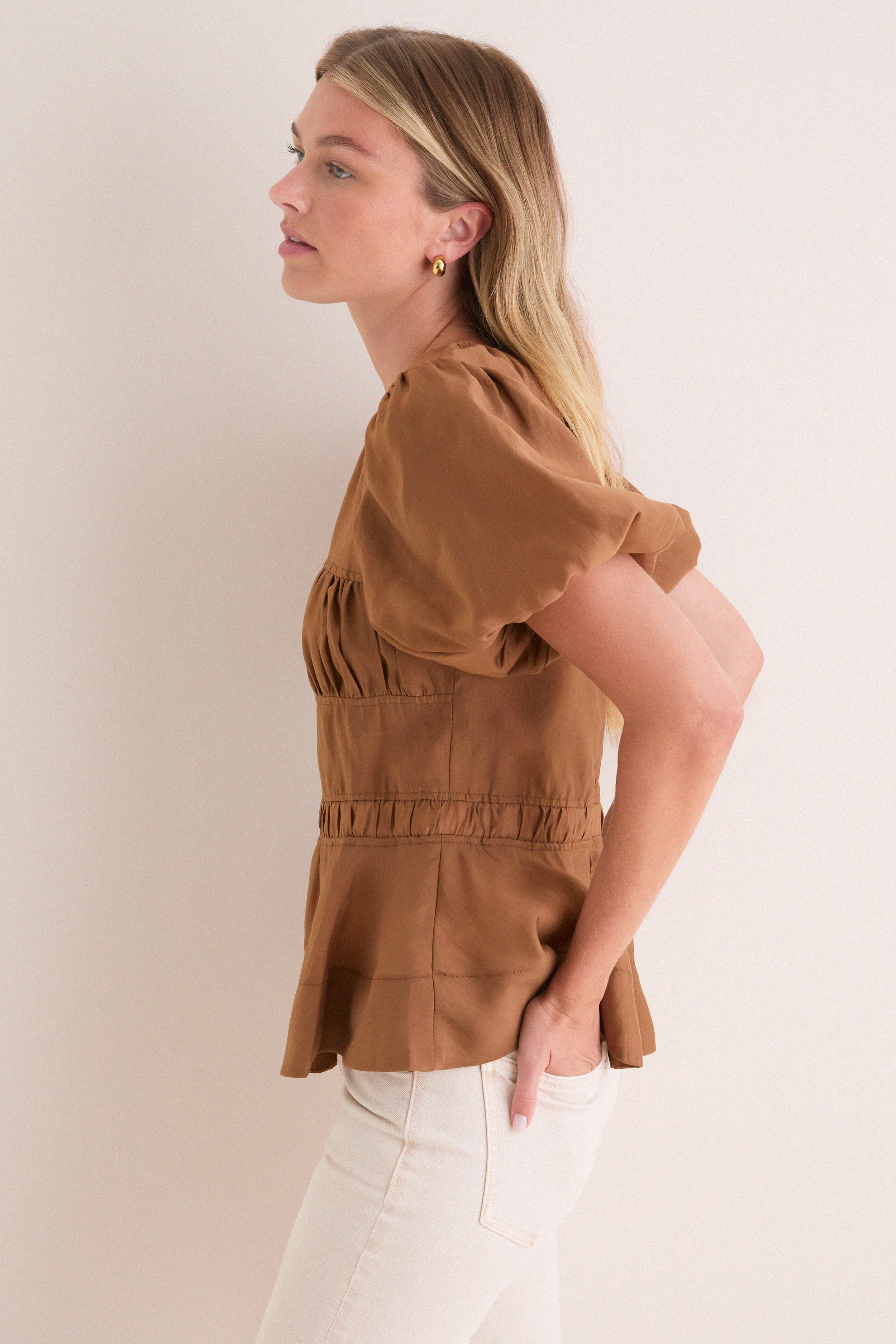 Camel Puff Sleeve Peplum Top