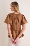 Camel Puff Sleeve Peplum Top